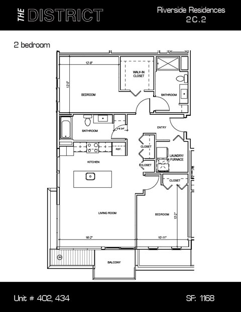 Floor plan for 2 beds, 2 baths, 1277 sqft